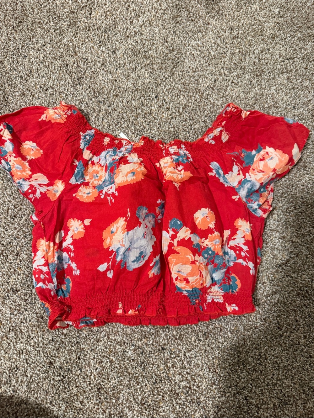 Kimchi Blue Red Floral Off-Shoulder Crop Top with Blue & Orange Accents